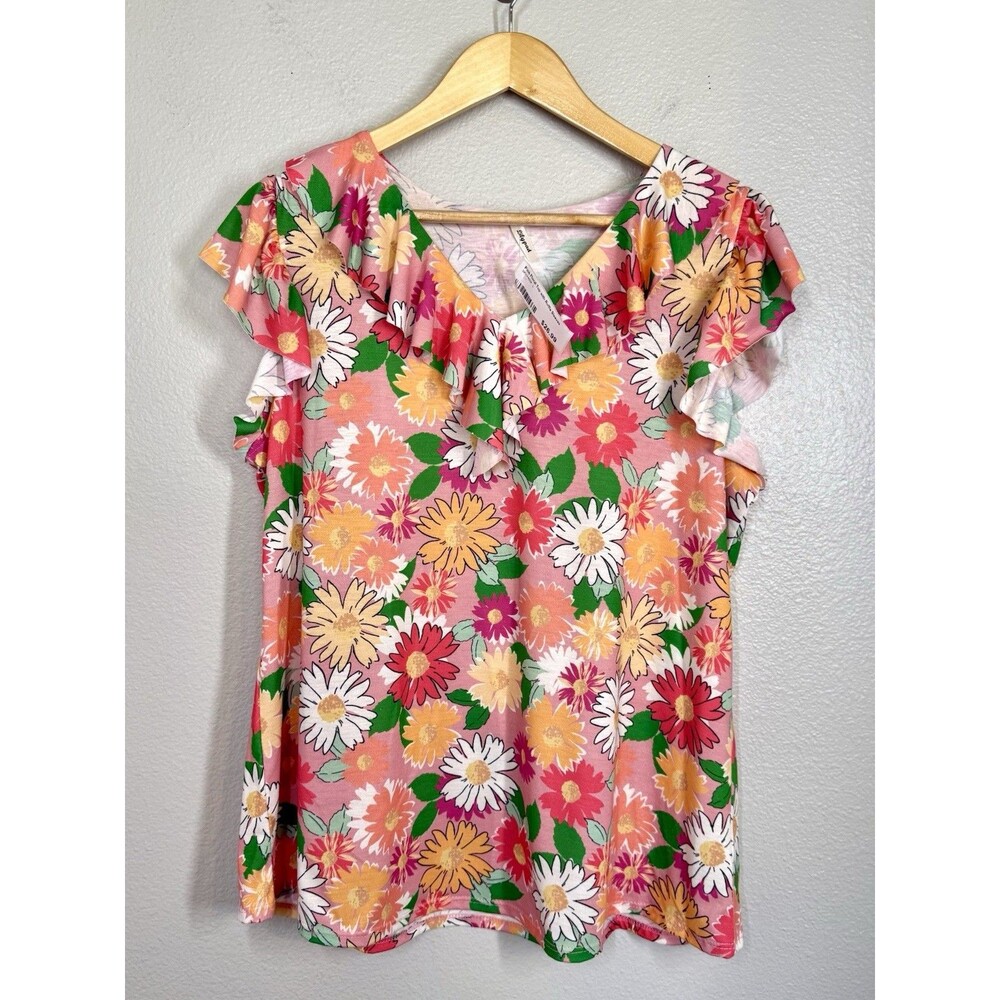 NWT Lilypad Pink Floral Babydoll Ruffle Sleeve Collar Top Womens Size L Blouse